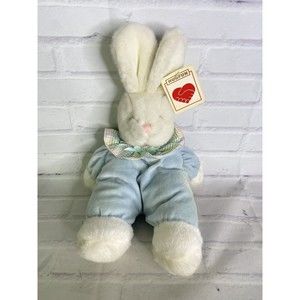VTG Hugfun Bunny Rabbit Plush Stuffed Animal Toy White Blue Body Gingham Collar